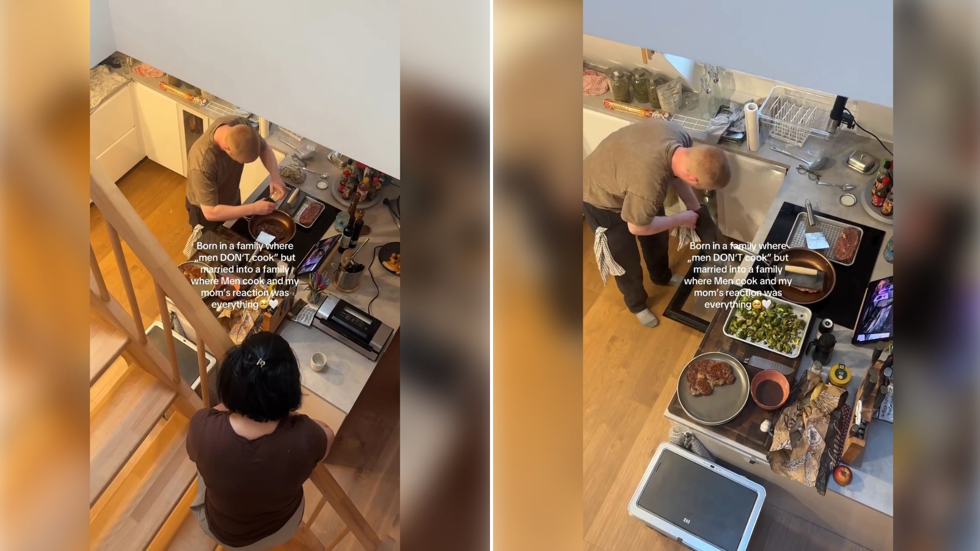 Two moments from an Instagram reel: an overhead view of a busy home kitchen with people cooking, then a counter crowded with pans.