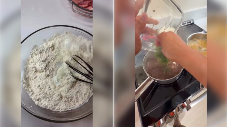 Two moments from an Instagram reel: flour being whisked in a glass bowl, then a pot on the stove being stirred.