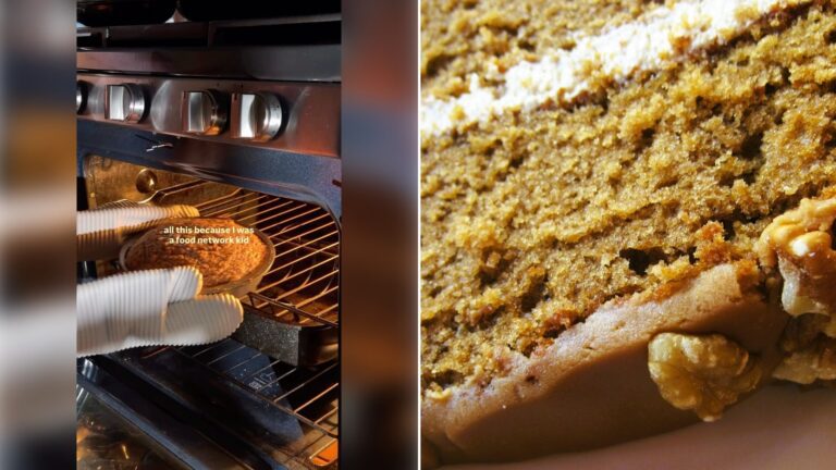 Left: Instagram reel still of a pan baking in an oven. Right: a slice of spiced cake (Unsplash photo by Crystal Stone).
