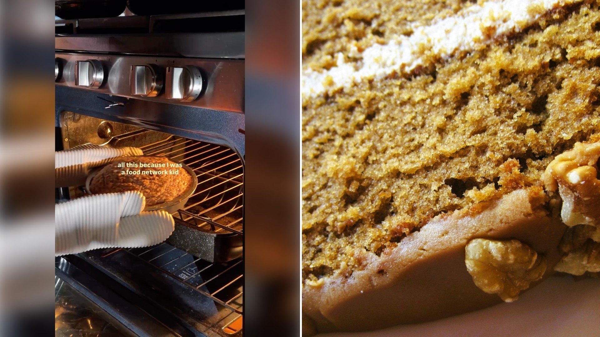 Left: Instagram reel still of a pan baking in an oven. Right: a slice of spiced cake (Unsplash photo by Crystal Stone).