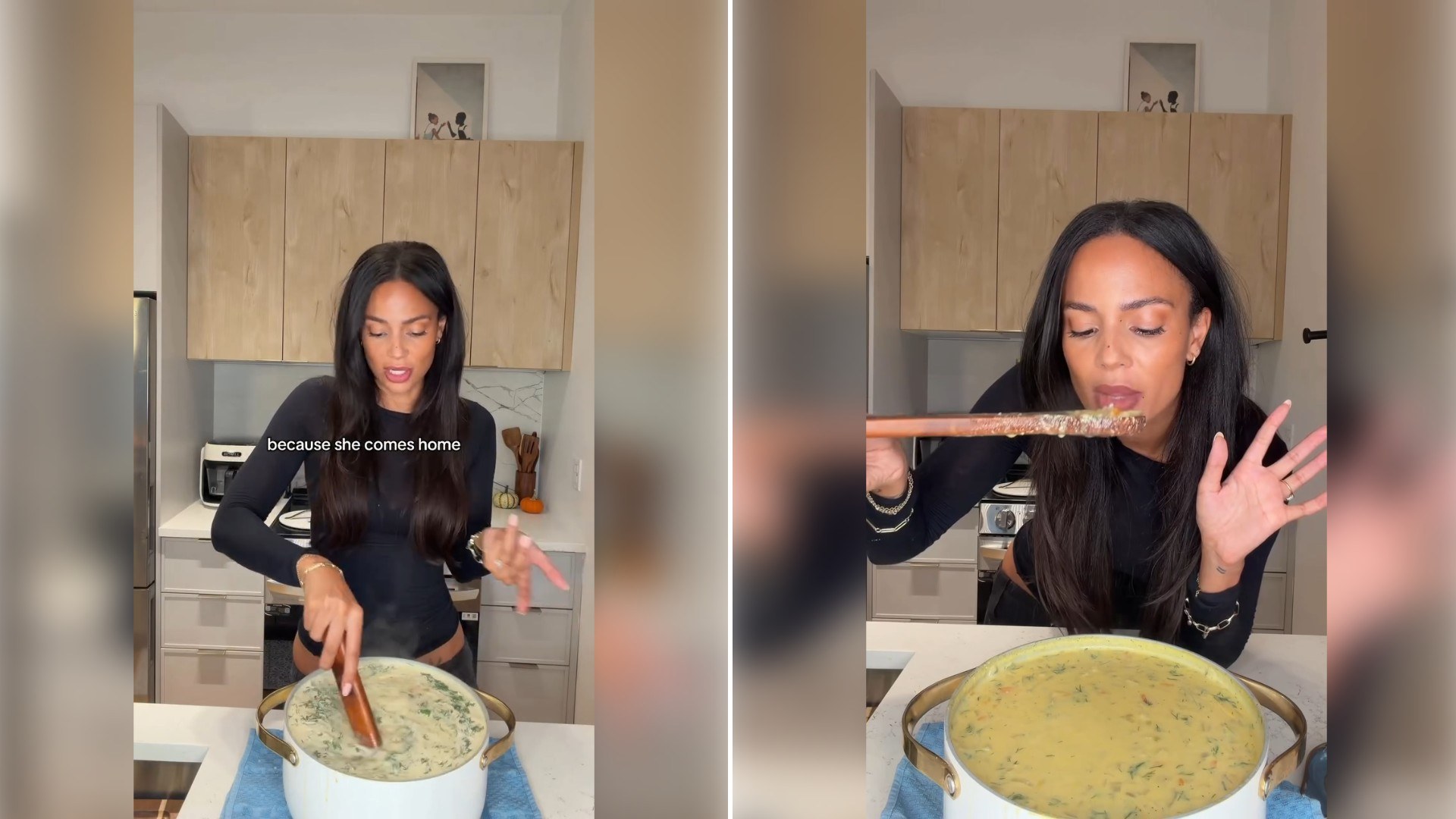 Two moments from an Instagram reel: a woman cooking at a stove in a bright kitchen, then holding up a pot of finished soup.