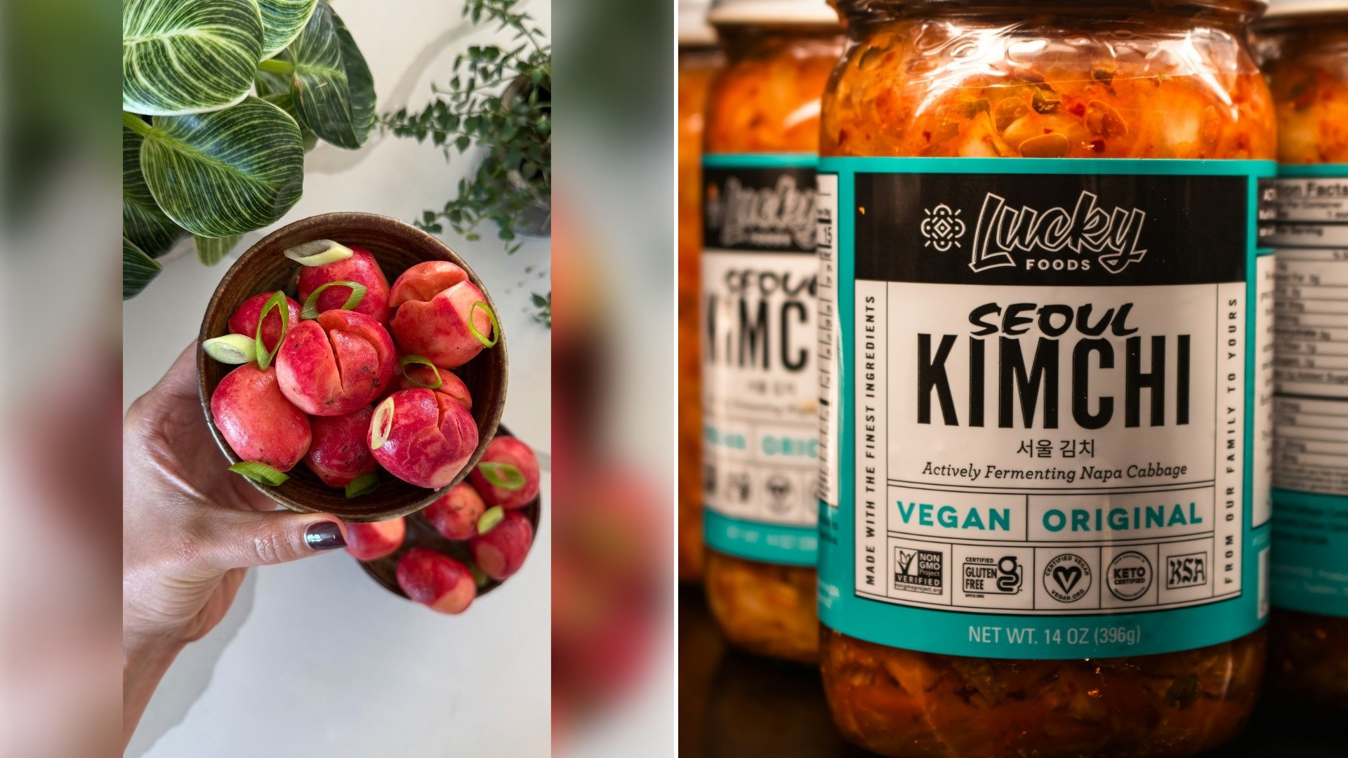 Left: Instagram reel still of a hand holding a bowl of red radishes. Right: jars of kimchi (Unsplash photo by Zoshua Colah).