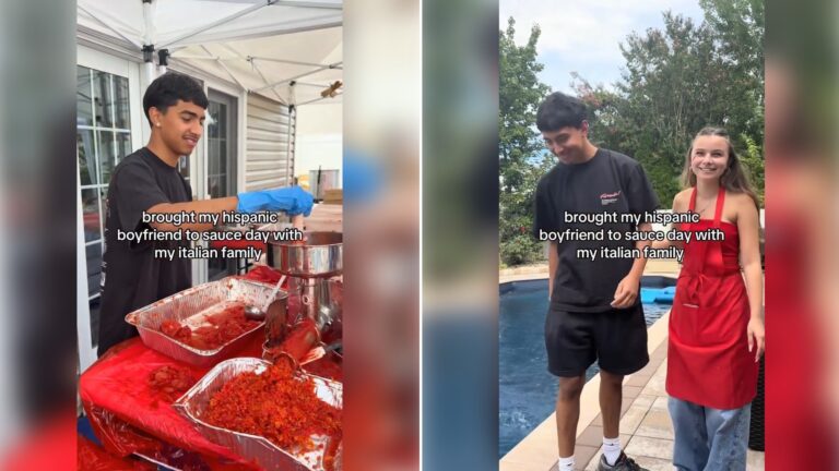 Two moments from an Instagram reel: a young man in a black shirt at a backyard tomato-sauce day, then him standing with a woman in a red apron by a pool.