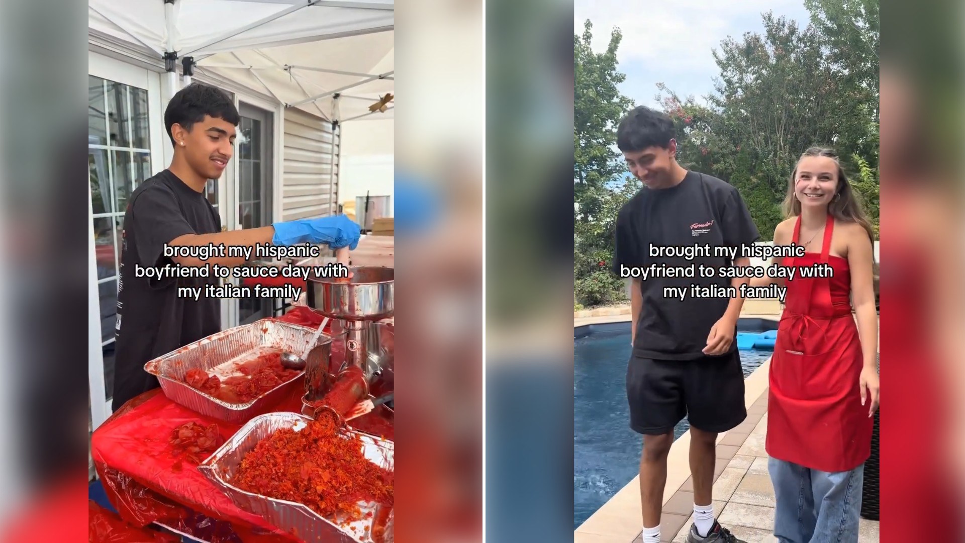Two moments from an Instagram reel: a young man in a black shirt at a backyard tomato-sauce day, then him standing with a woman in a red apron by a pool.