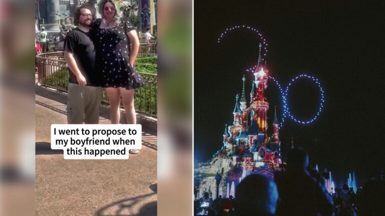 Left: TikTok still of a couple posing at a theme park under the caption "I went to propose to my boyfriend when this happened". Right: a castle lit up at night with fireworks (Unsplash photo by Howard Bouchevereau).
