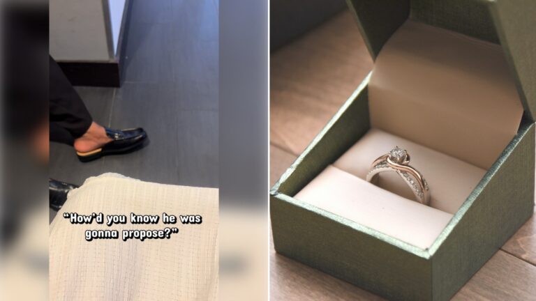 Left: TikTok still of a hand-written caption asking "How'd you know he was gonna propose?" beside a person's foot. Right: an engagement ring in an open box (Unsplash photo by Jackie Tsang).
