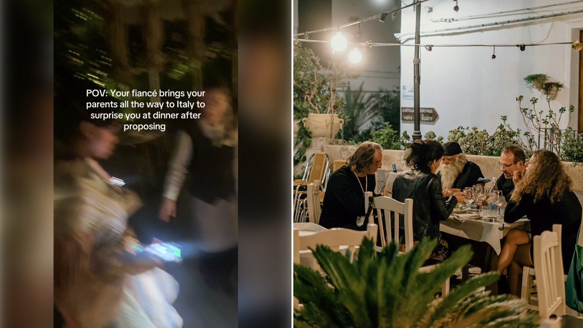 Left: TikTok still of a blurred night scene of a woman being led toward dinner with a caption about a surprise in Italy. Right: friends dining at an outdoor restaurant table in Italy (Unsplash photo by Gabriella Clare Marino).