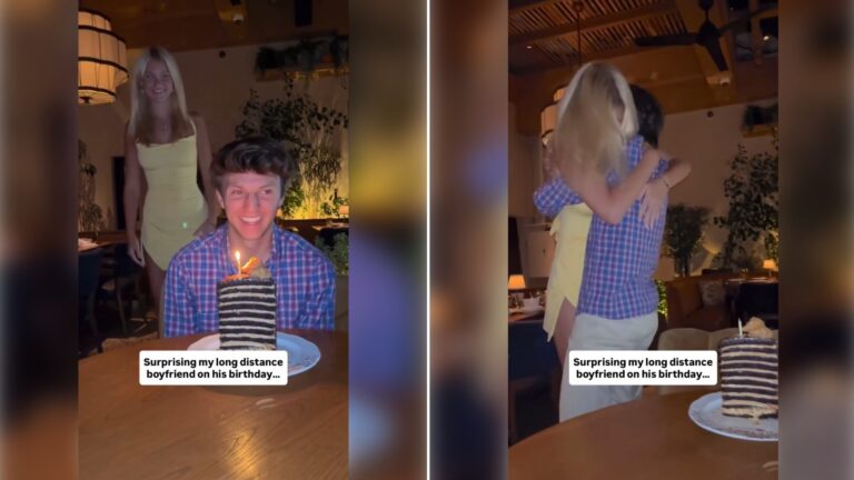 Two moments from an Instagram reel: a woman in a yellow dress behind a boyfriend with a birthday cake, then the two hugging.