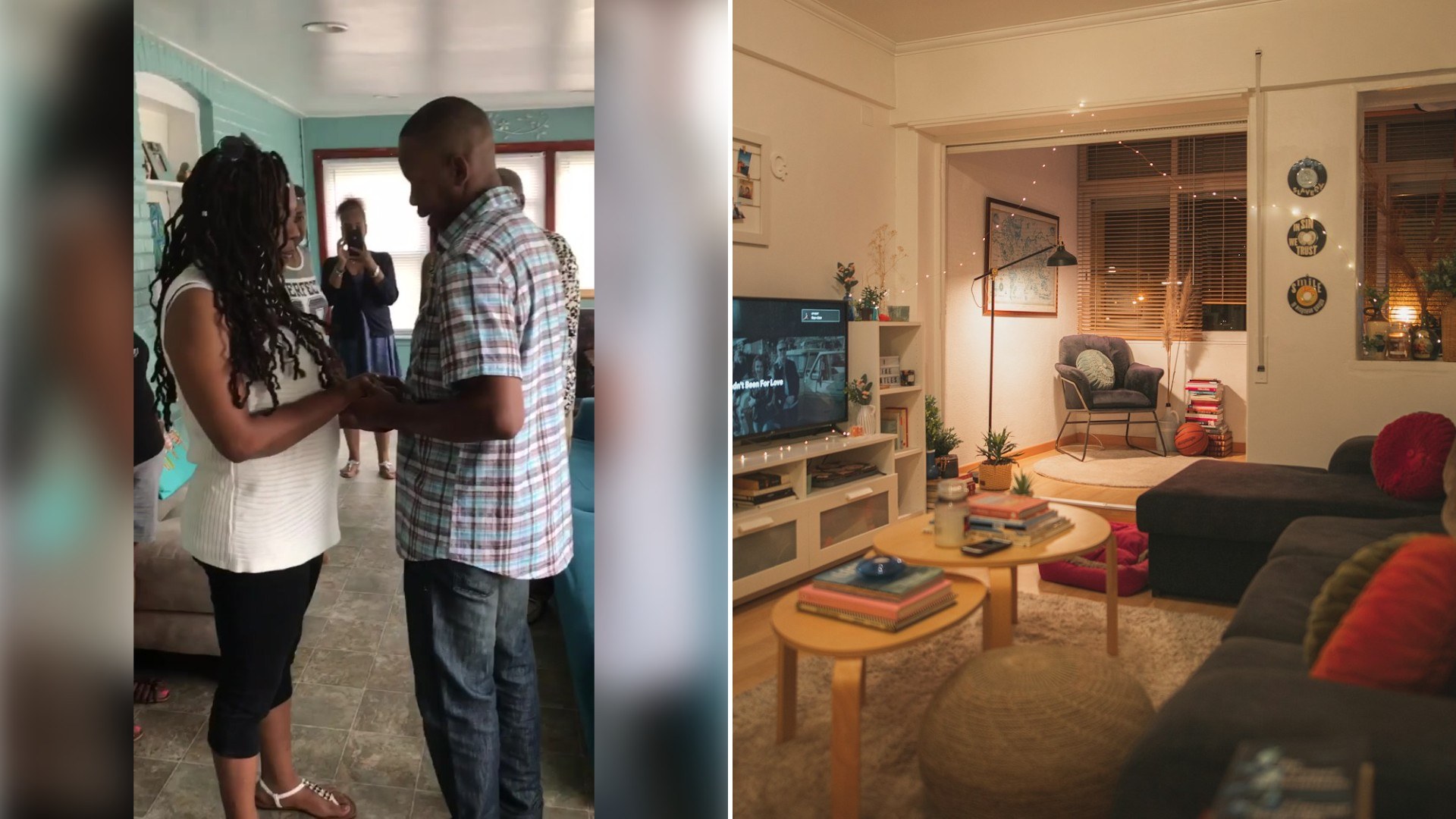 Left: TikTok still of a couple holding hands in a living room as family looks on. Right: a cozy living room with a sofa and television (Unsplash photo by Joao Macedo).