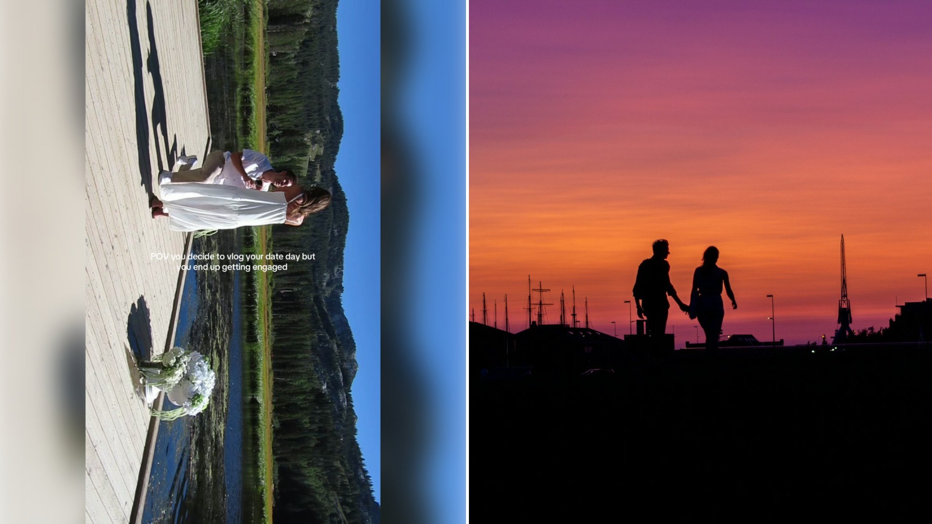 Left: TikTok still of a woman in a long white dress walking beside a river. Right: a couple silhouetted walking at sunset (Unsplash photo by Melvin).