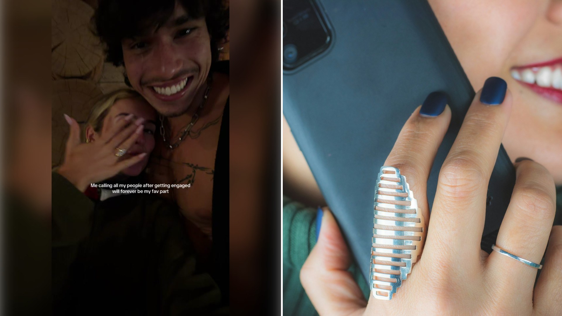 Left: TikTok still of a smiling man embracing his fiancee at night. Right: a woman holding a phone to her ear (Unsplash photo by Patty Zavala).