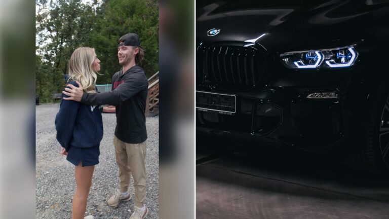 Left: TikTok still of a couple embracing outdoors. Right: the front of a black SUV (Unsplash photo by Angelica Levshakowa).