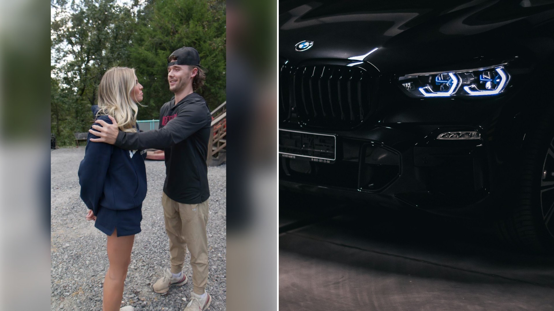 Left: TikTok still of a couple embracing outdoors. Right: the front of a black SUV (Unsplash photo by Angelica Levshakowa).