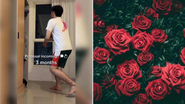 Left: TikTok still of a man in a white shirt walking through a doorway under a "Proposal incoming, 3 months" caption. Right: red roses (Unsplash photo by Biel Morro).