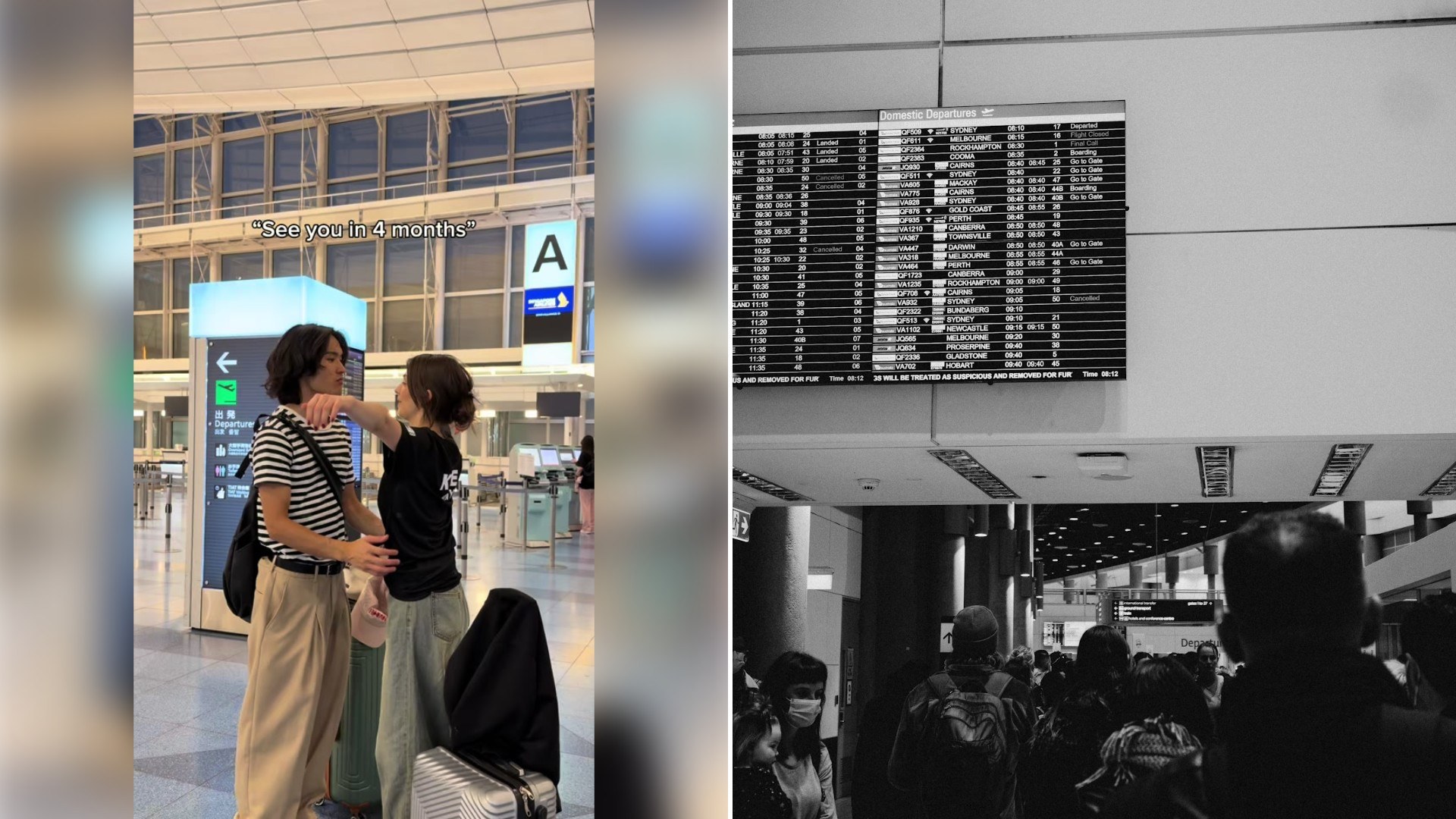 Left: TikTok still of a couple saying goodbye outside an airport terminal. Right: an airport departures board (Unsplash photo by Joseph Bobadilla).