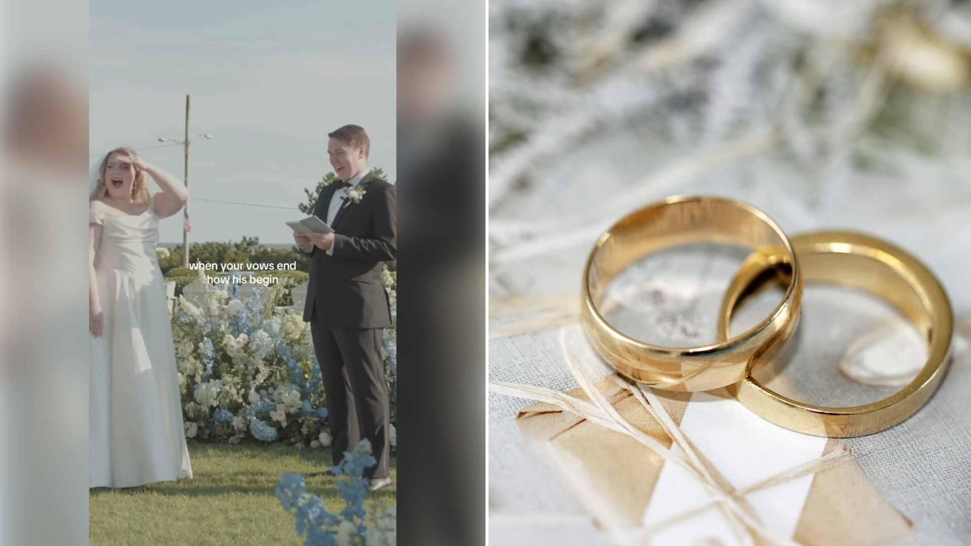Left: TikTok still of a bride and groom standing among flowers outdoors. Right: two gold wedding bands (Unsplash photo by Sandy Millar).