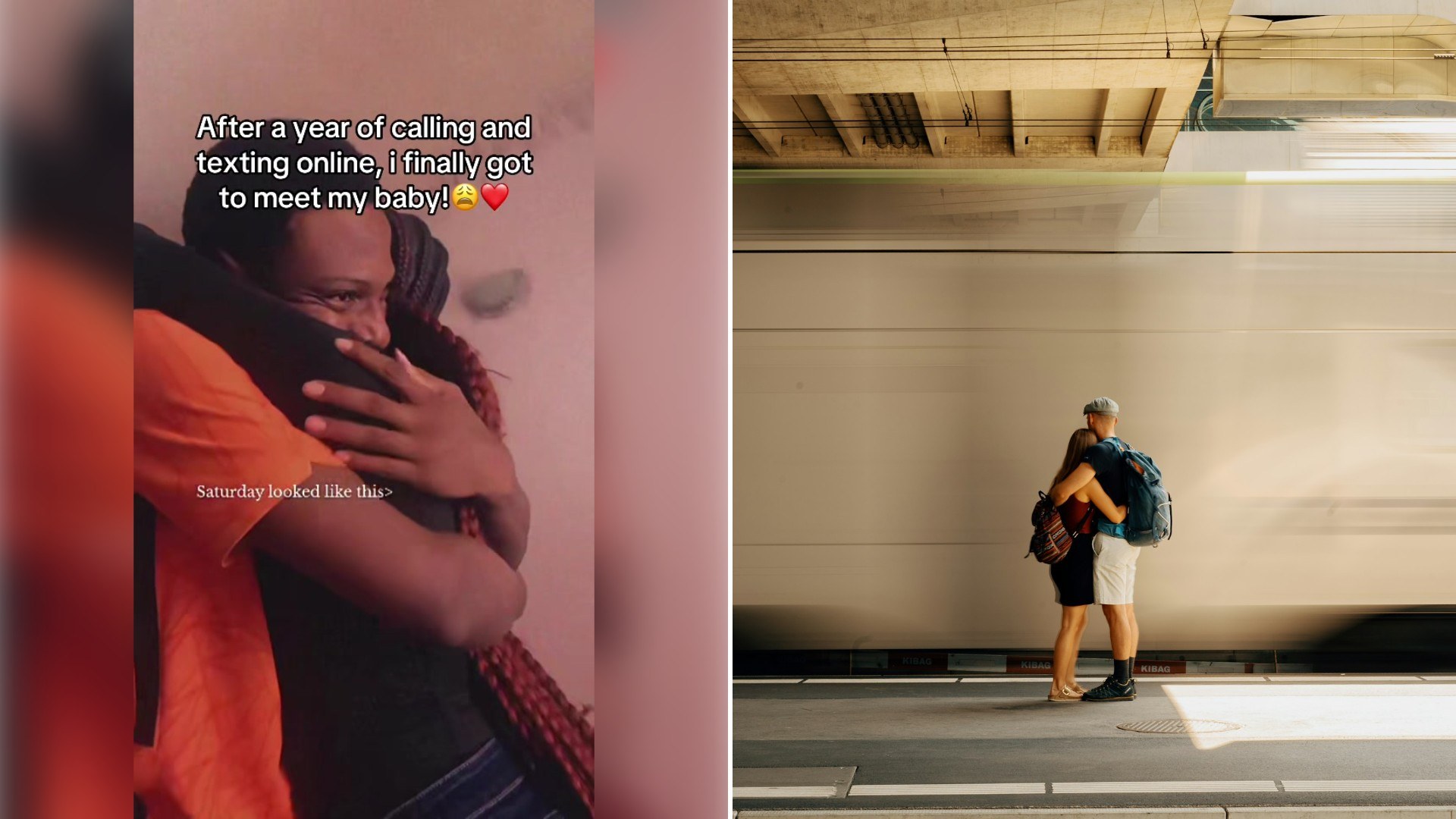 Left: TikTok still of two people embracing in a close-up under an "after a year" caption. Right: a traveler with a backpack on a train platform (Unsplash photo by Pang Yuhao).