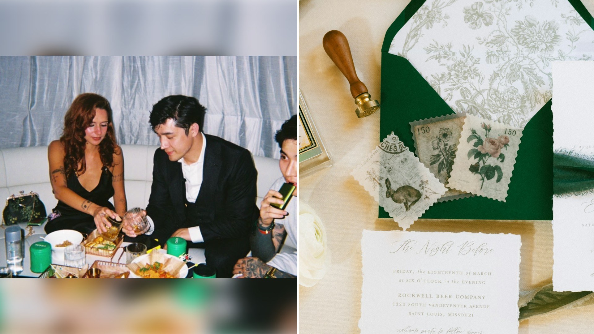 Left: TikTok still of a couple sitting at a table with food. Right: a wedding invitation beside a green envelope (Unsplash photo by Stacey Vandas).