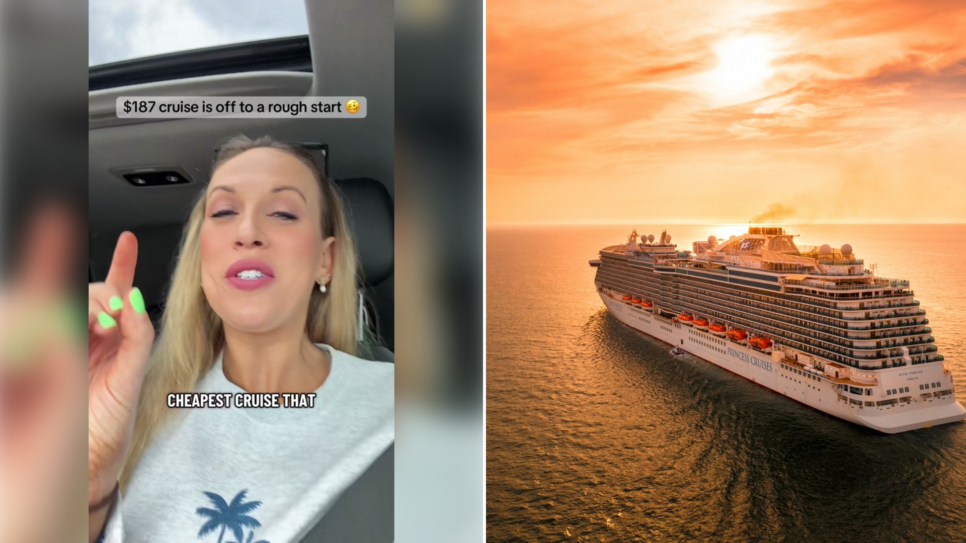 Left: TikTok still of a woman in a car pointing at her phone under a caption about a cruise deal. Right: a cruise ship at sunset (Unsplash photo by Alonso Reyes).