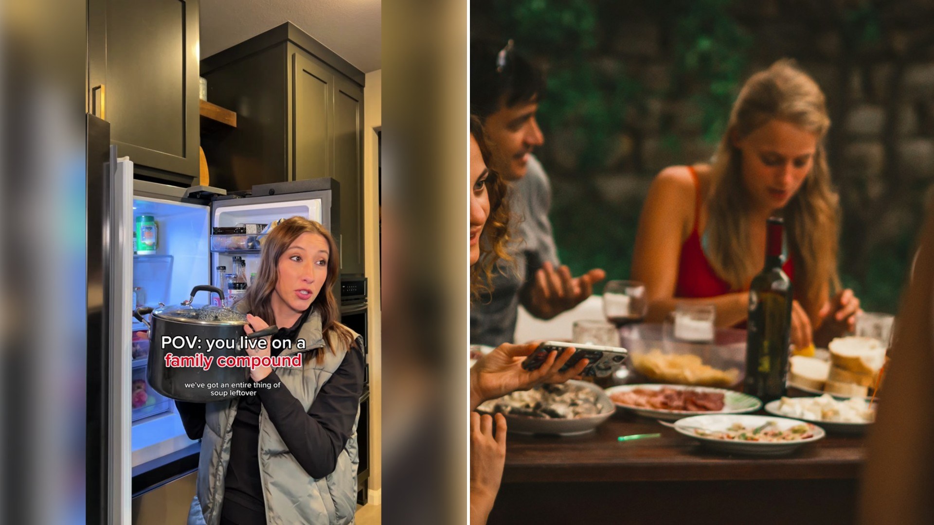 Left: TikTok still of a woman standing by a refrigerator under a "POV" family-dinner caption. Right: people sharing a dinner at an outdoor table (Unsplash photo by Bohdan).