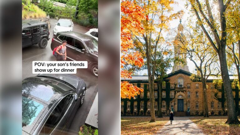 Left: TikTok still of cars pulling into a driveway under a "POV: your son's friends show up for dinner" caption. Right: a campus building surrounded by fall trees (Unsplash photo by Tim Alex).