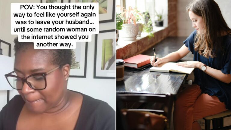 Split image: a woman in glasses captioned POV you thought the only way to feel like yourself again was to leave your husband, next to a woman writing in a journal at a table by a sunny window