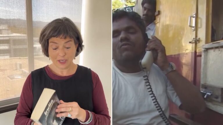 Split image: a woman with short dark hair holding an India guidebook, next to vintage 1996 footage of a hotel front desk clerk speaking on a corded telephone