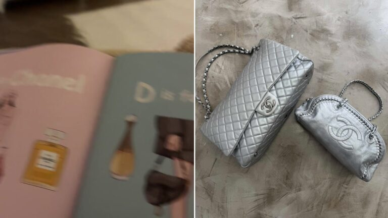 Split image: a pastel alphabet book open to pages for C and D showing perfume bottles, next to two silver quilted designer handbags on a marble surface