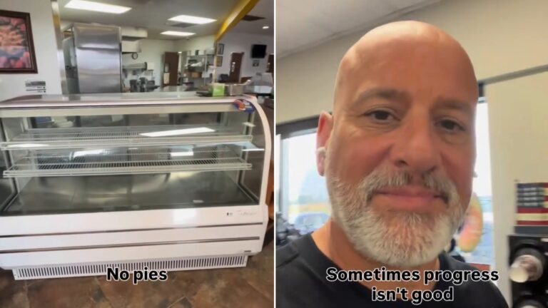 Split image: an empty white bakery display case captioned No pies, next to a bald man with a gray beard captioned Sometimes progress is not good