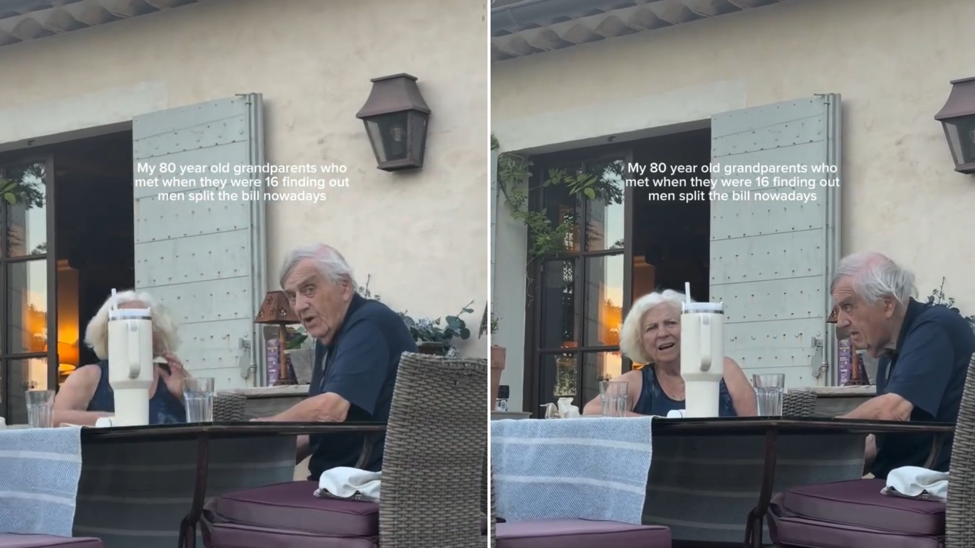 80-year-old grandparents at a patio table reacting to modern dating norms