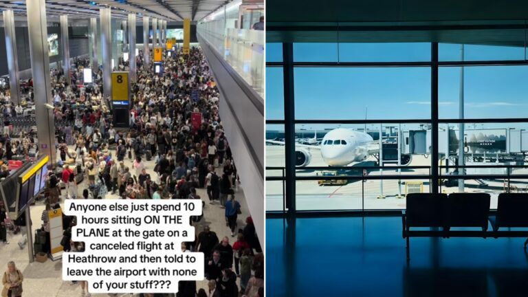 Split image: a packed Heathrow terminal captioned anyone else just spend 10 hours sitting on the plane at the gate on a canceled flight, next to an empty gate area with an airplane parked outside the windows