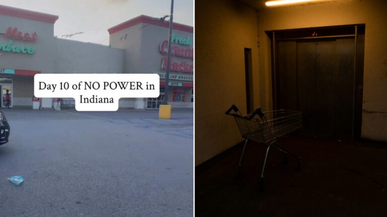 Left, a grocery store parking lot with the caption Day 10 of NO POWER in Indiana, from the @housewifeprepper TikTok; right, an abandoned shopping cart in a dark, unlit store entrance (Unsplash photo by Krzysztof Hepner)