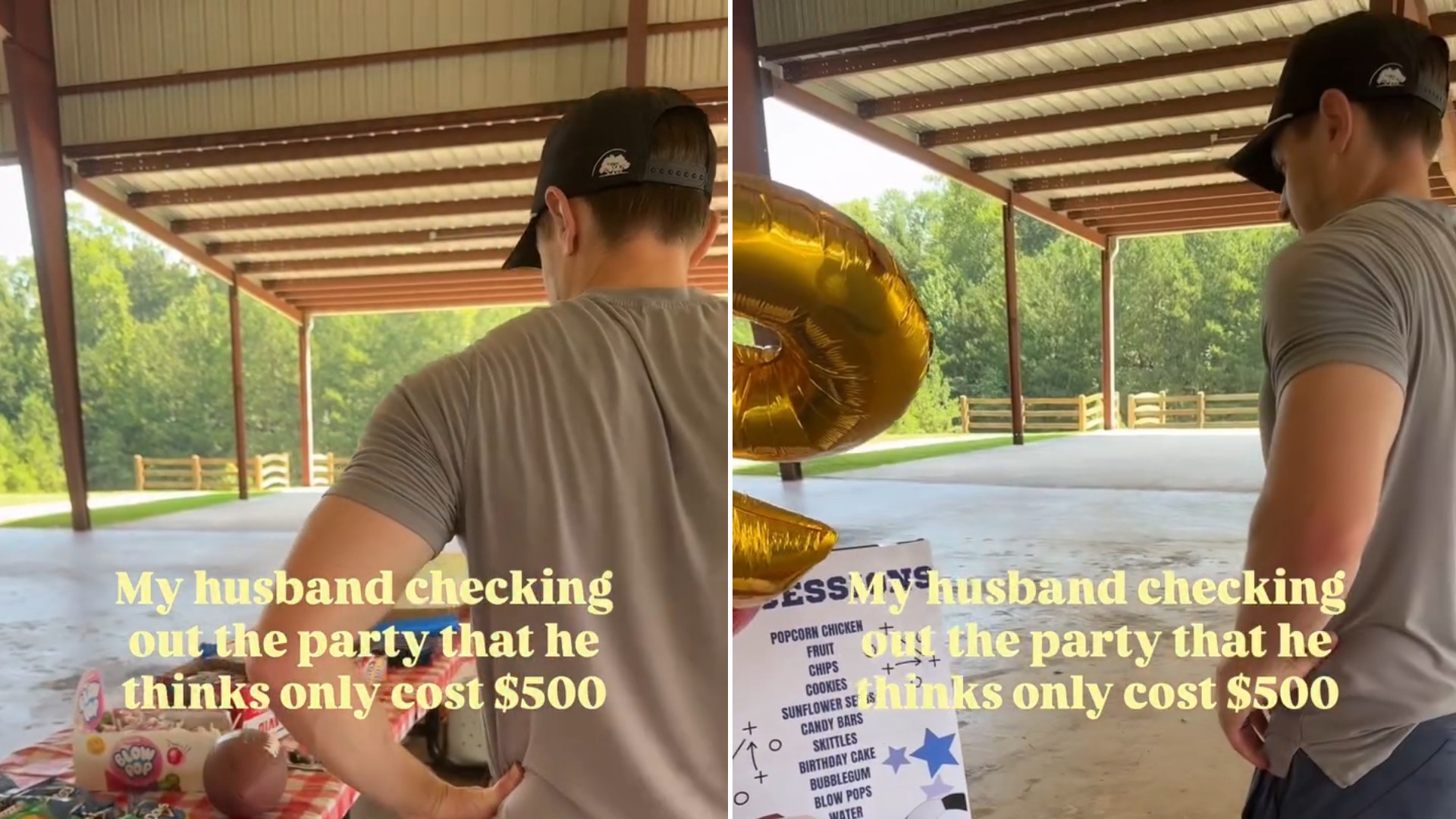 Husband looking over a kids party setup under a pavilion, with the caption about what he thinks it cost