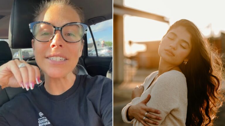 Split image: a woman in glasses speaking from a car seat, next to a woman with long dark hair hugging herself with eyes closed in warm sunlight