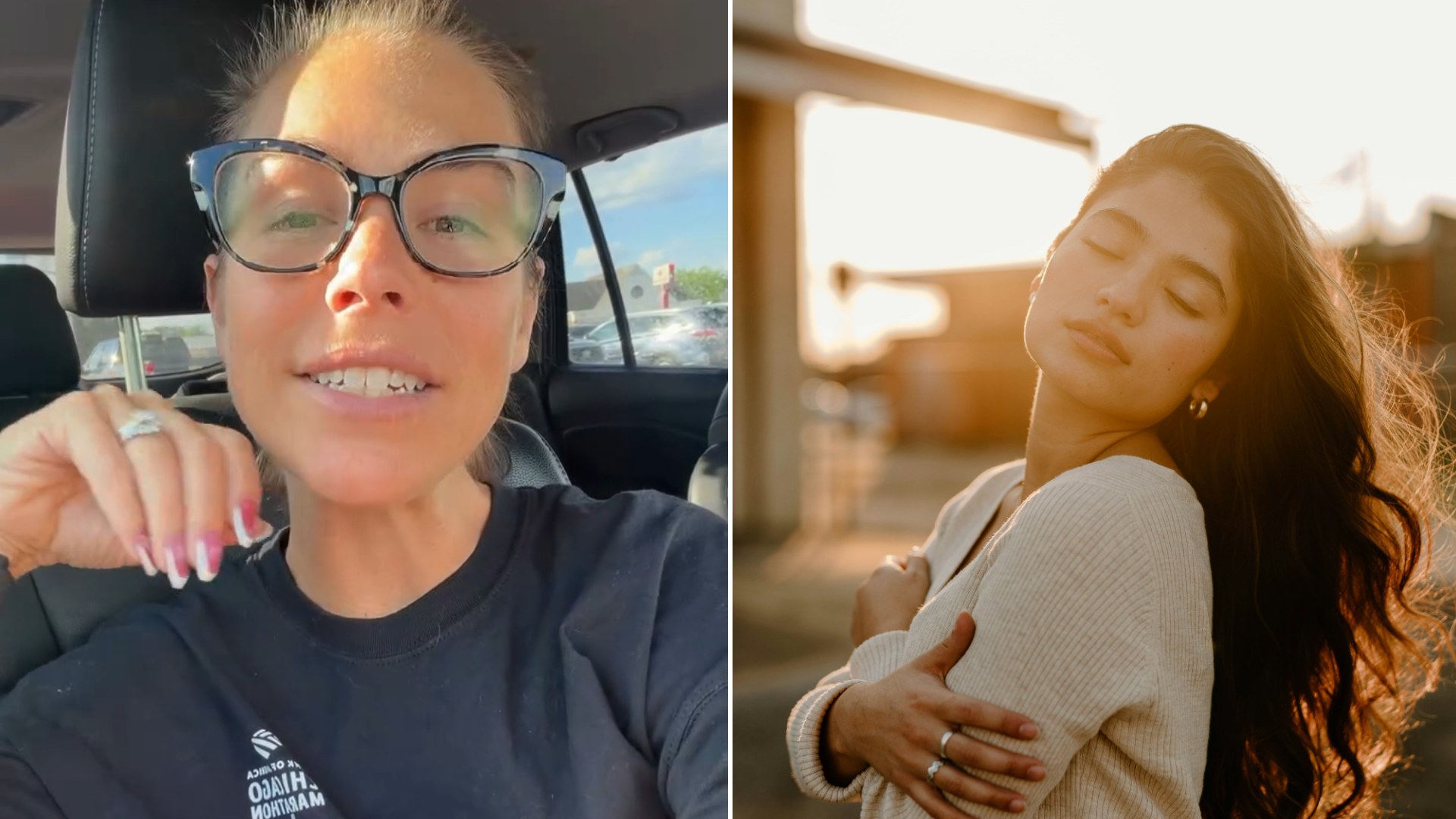 Split image: a woman in glasses speaking from a car seat, next to a woman with long dark hair hugging herself with eyes closed in warm sunlight