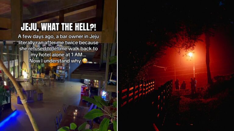 Split image: a dimly lit bar interior captioned Jeju what the hell, a bar owner ran after me twice because she refused to let me walk back to my hotel alone at 1 AM, next to a dark path at night lit by a single orange street lamp