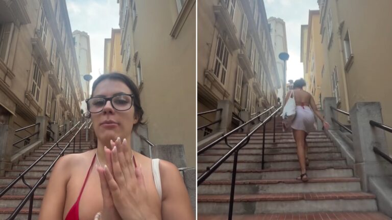 Two frames from the @lifeofvanessam Instagram reel: left, the creator talking to camera at the bottom of a steep Monaco staircase; right, her climbing the long flight of stairs between buildings