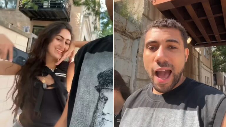 Split image from an Instagram reel: a smiling woman with long dark hair poses beside a man in a graphic T-shirt on a city sidewalk, next to the man talking animatedly to camera