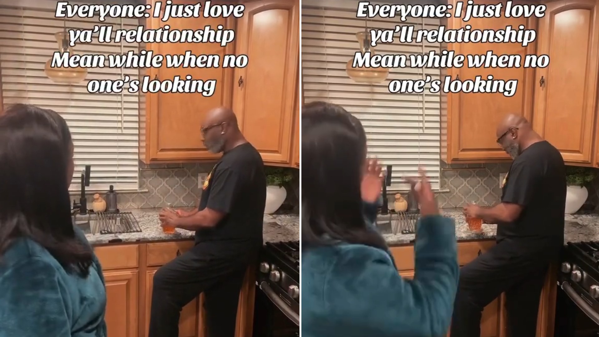 Couple in their kitchen during a viral married-life skit
