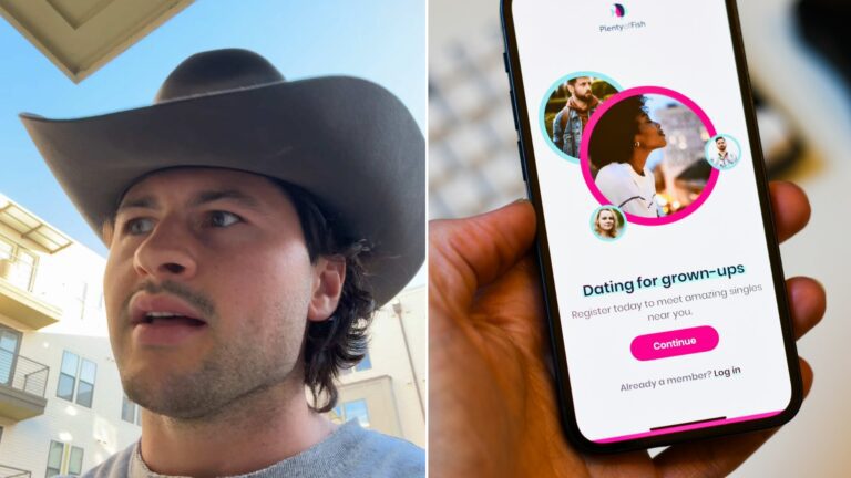 Split image: a man in a cowboy hat and gray sweatshirt talking outside an apartment building, next to a hand holding a smartphone open to a dating app sign-up screen
