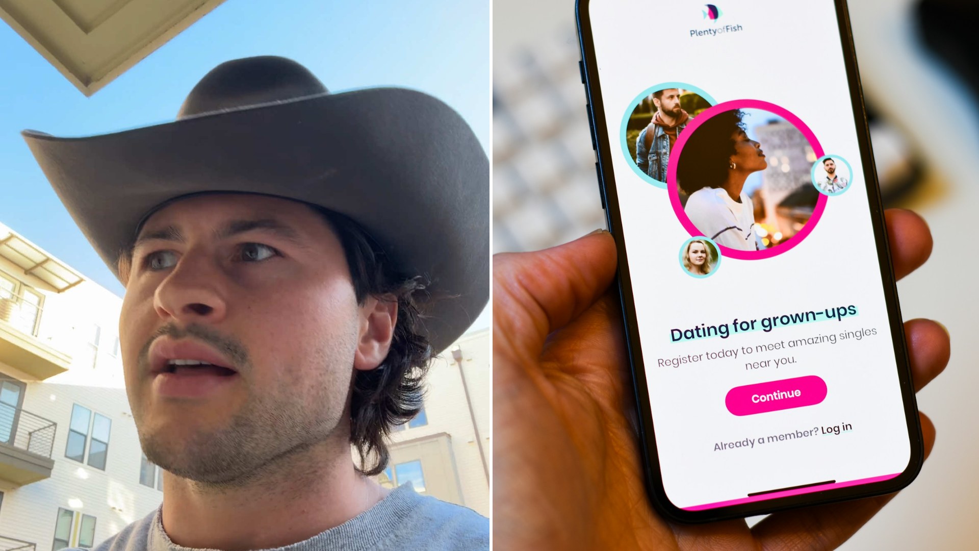Split image: a man in a cowboy hat and gray sweatshirt talking outside an apartment building, next to a hand holding a smartphone open to a dating app sign-up screen