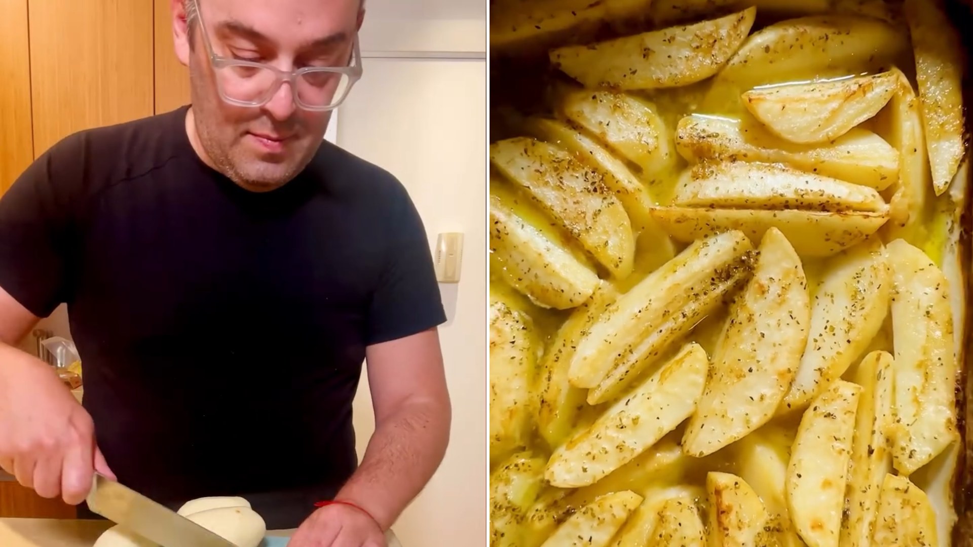 Two frames from the Instagram reel: left, the creator slicing potatoes on a cutting board; right, the finished tray of golden roasted potato wedges