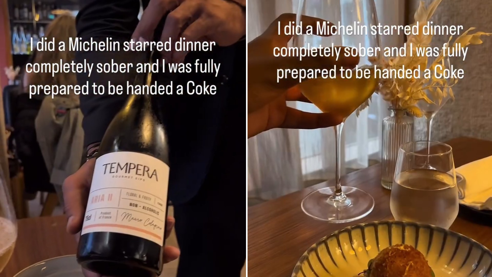 Split image: a server holding a bottle labeled Tempera captioned I did a Michelin starred dinner completely sober, next to a wine glass being poured beside a plated dish at the table