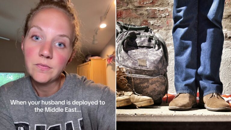 Split image: a woman with her hair in a bun captioned when your husband is deployed to the Middle East, next to a camouflage military backpack and boots beside a person standing against a brick wall