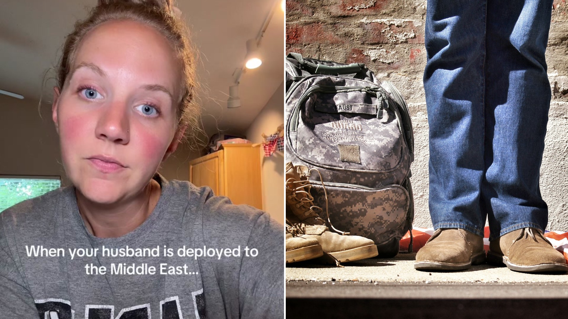 Split image: a woman with her hair in a bun captioned when your husband is deployed to the Middle East, next to a camouflage military backpack and boots beside a person standing against a brick wall