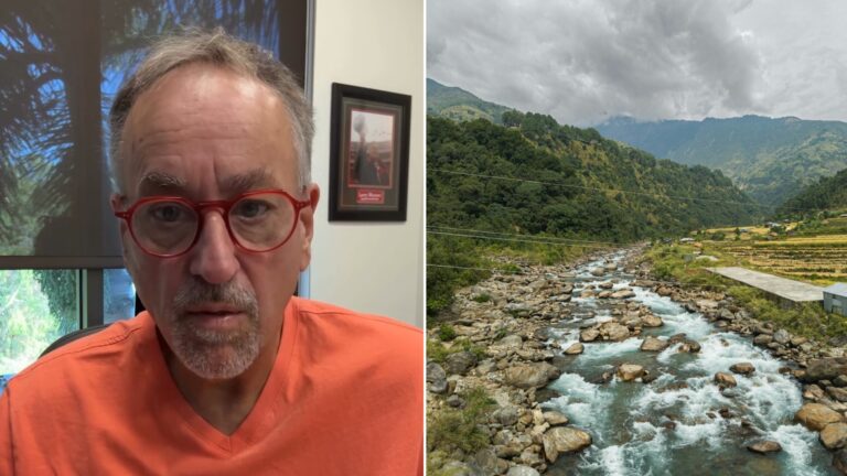 Left, the creator speaking to camera from his office in the Instagram reel; right, the Trisuli River running through a green Nepali valley (Unsplash photo by Arnav Adhikari)