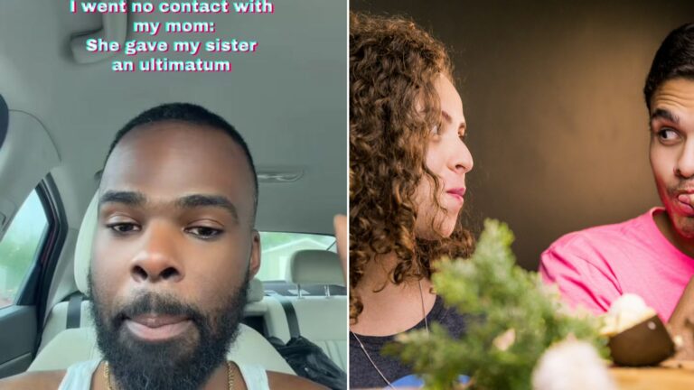 Split image: a bearded man in a car captioned I went no contact with my mom she gave my sister an ultimatum, next to a woman with curly hair and a man in a pink shirt exchanging a wary look