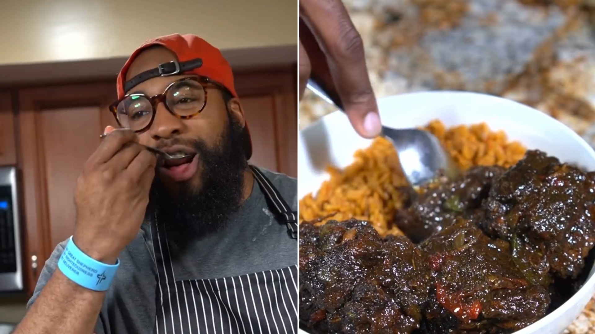 Home cook tasting his braised oxtail beside a bowl of oxtail over rice