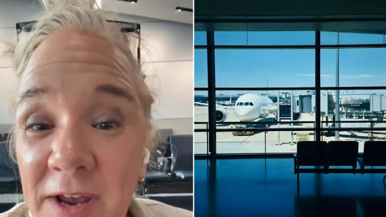 Split image: a woman with short blonde hair speaking to camera in an airport gate area, next to an empty gate seating area with an airplane parked outside the windows