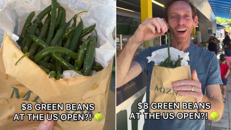 Two frames from the @respectthechain TikTok: left, a paper bag of Miznon whole roasted green beans; right, the creator grinning while eating them outside the US Open, both captioned $8 green beans at the US Open